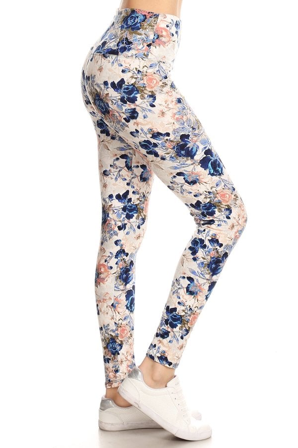 One Size Printed Leggings - Floral Design_Blue